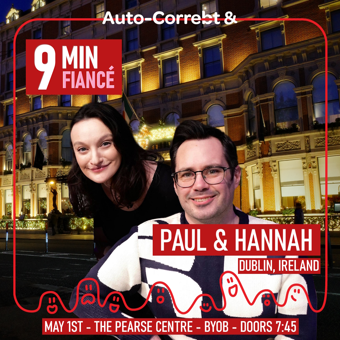 A woman and man on a poster looking happy spoofing the 90 day fiance couple presentation