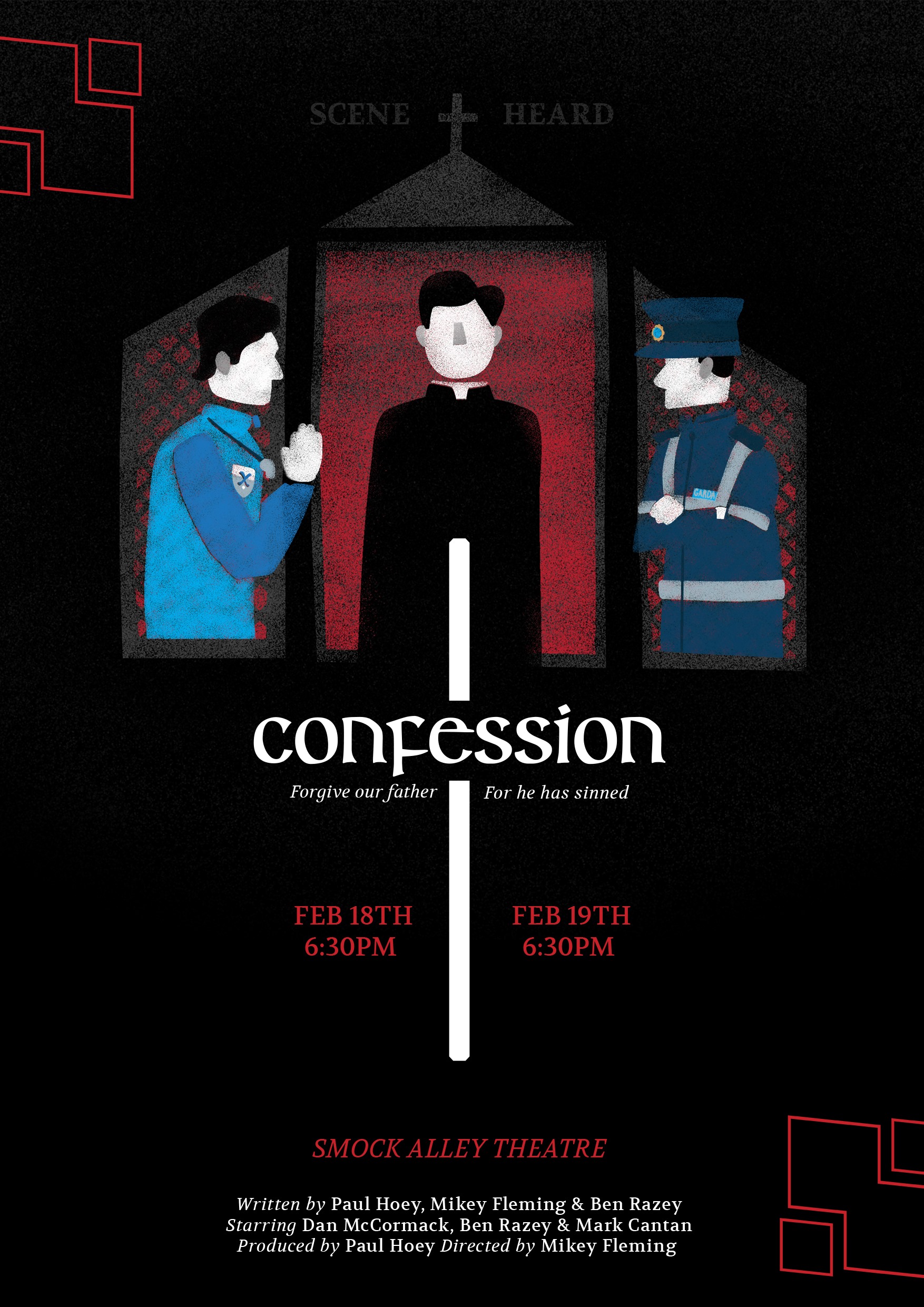 A poster with a black background depicting 3 figures in a confession box with the title Confession overlayed
