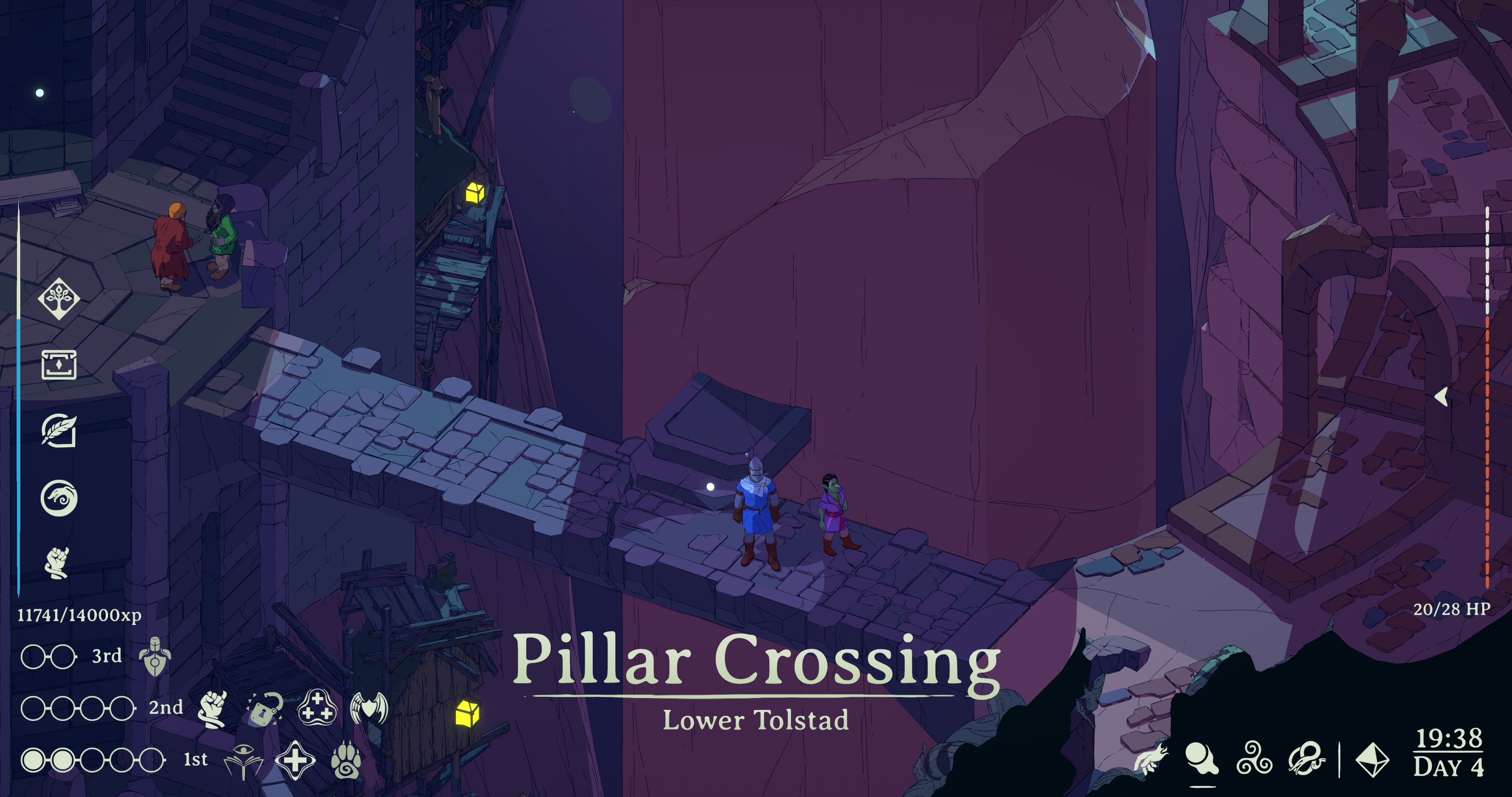 A screenshot from Esoteric Ebb showing 2 characters standing on a bridge in a dimly lit area.
