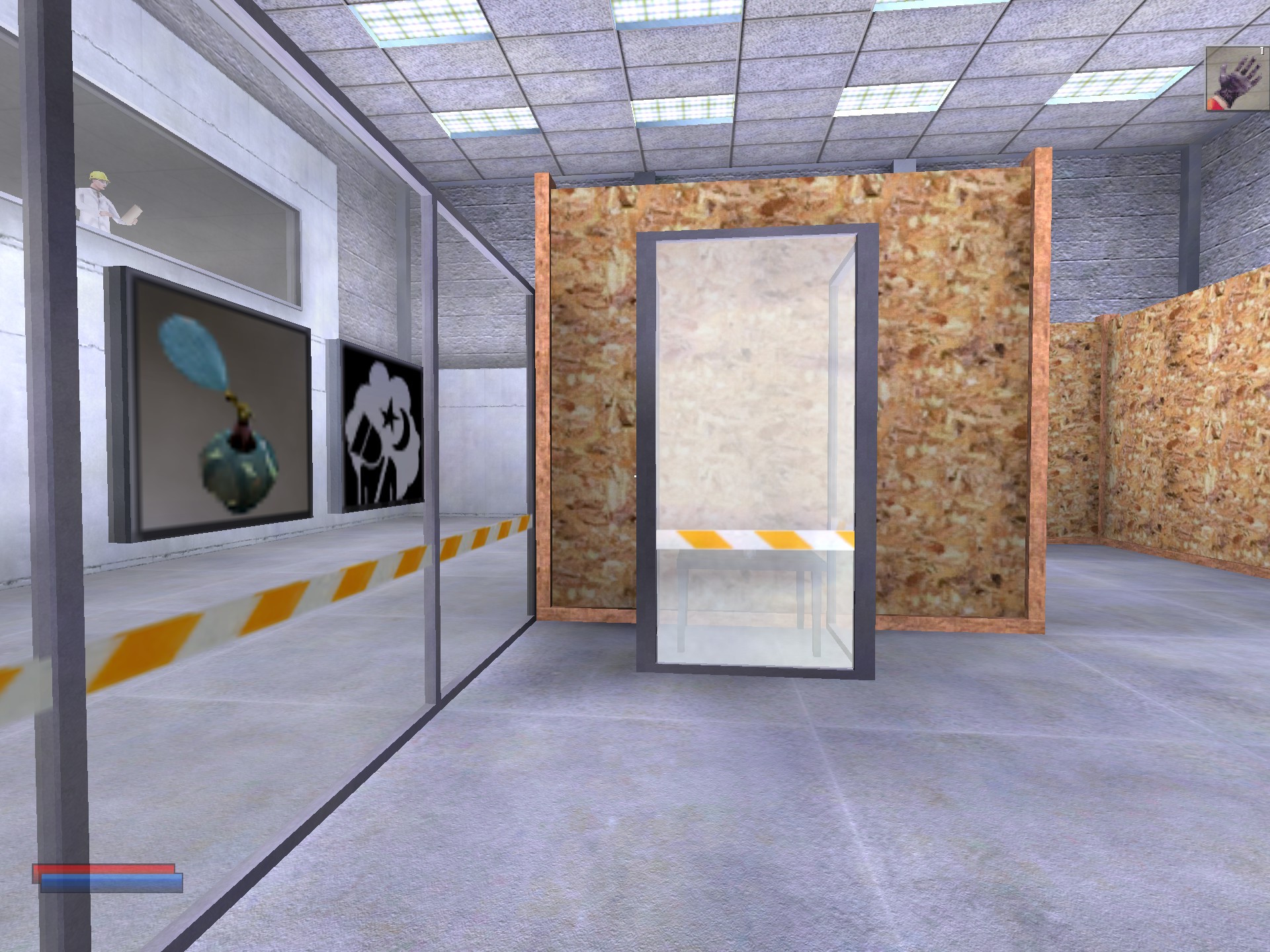 A screenshot from NOLF of the grey lab area with some wooden partitions.
