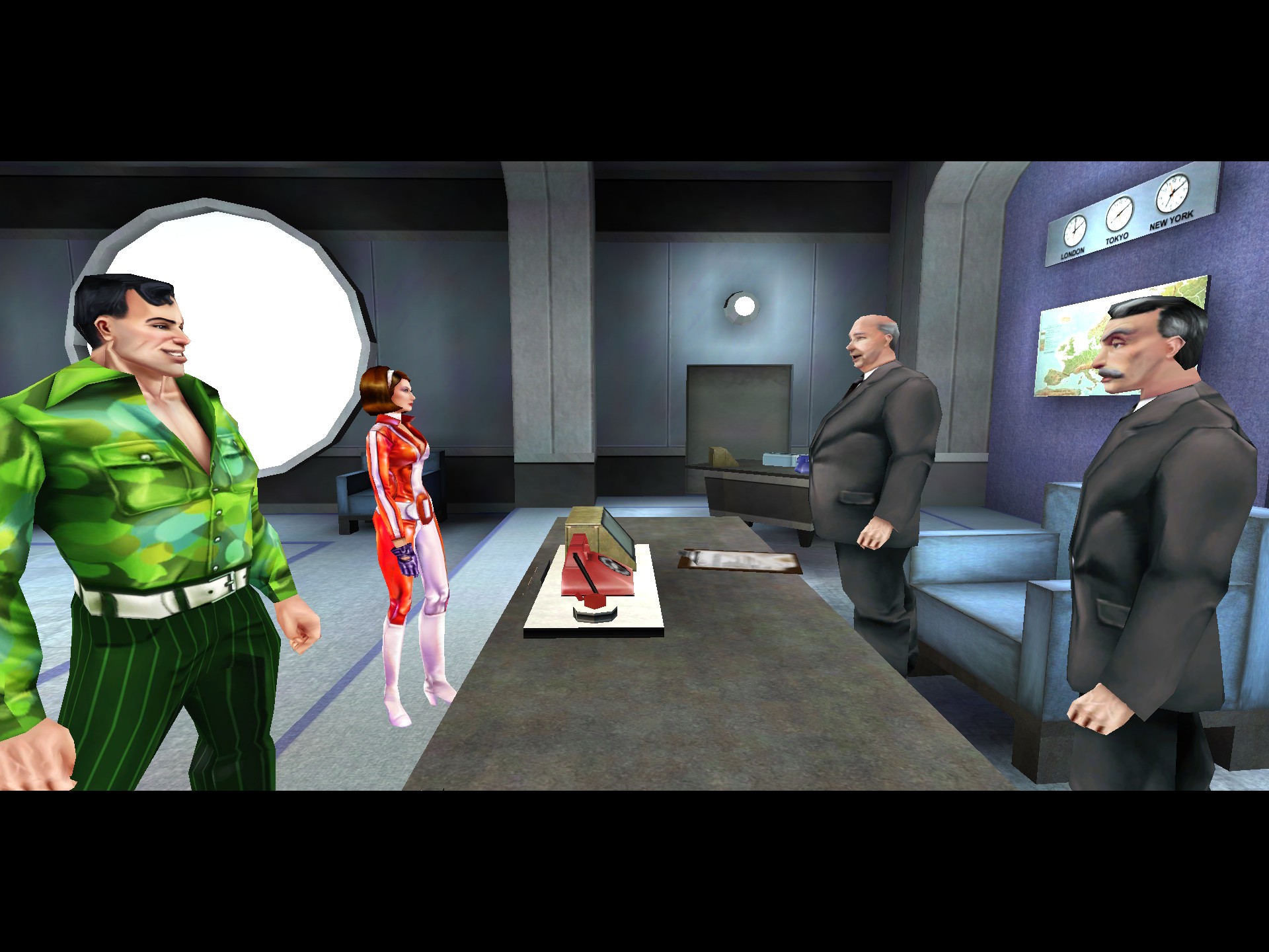 A screenshot from NOLF showing one of the meeting cut scenes with 4 characters standing in place.