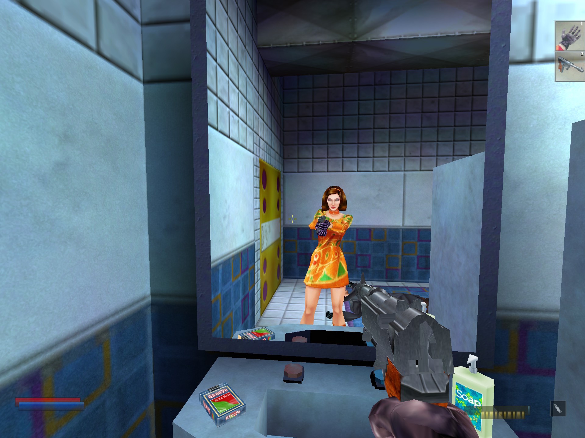 A screenshot from NOLF showing Cate Archer's reflection in a mirror.