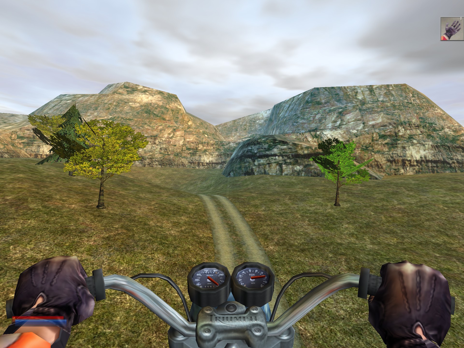 A screenshot from NOLF showing a first person motorbike section in a field.