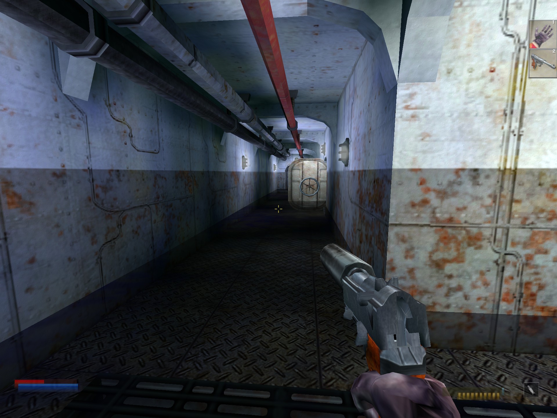 A screenshot from NOLF in the coridoor of a rusty ship.