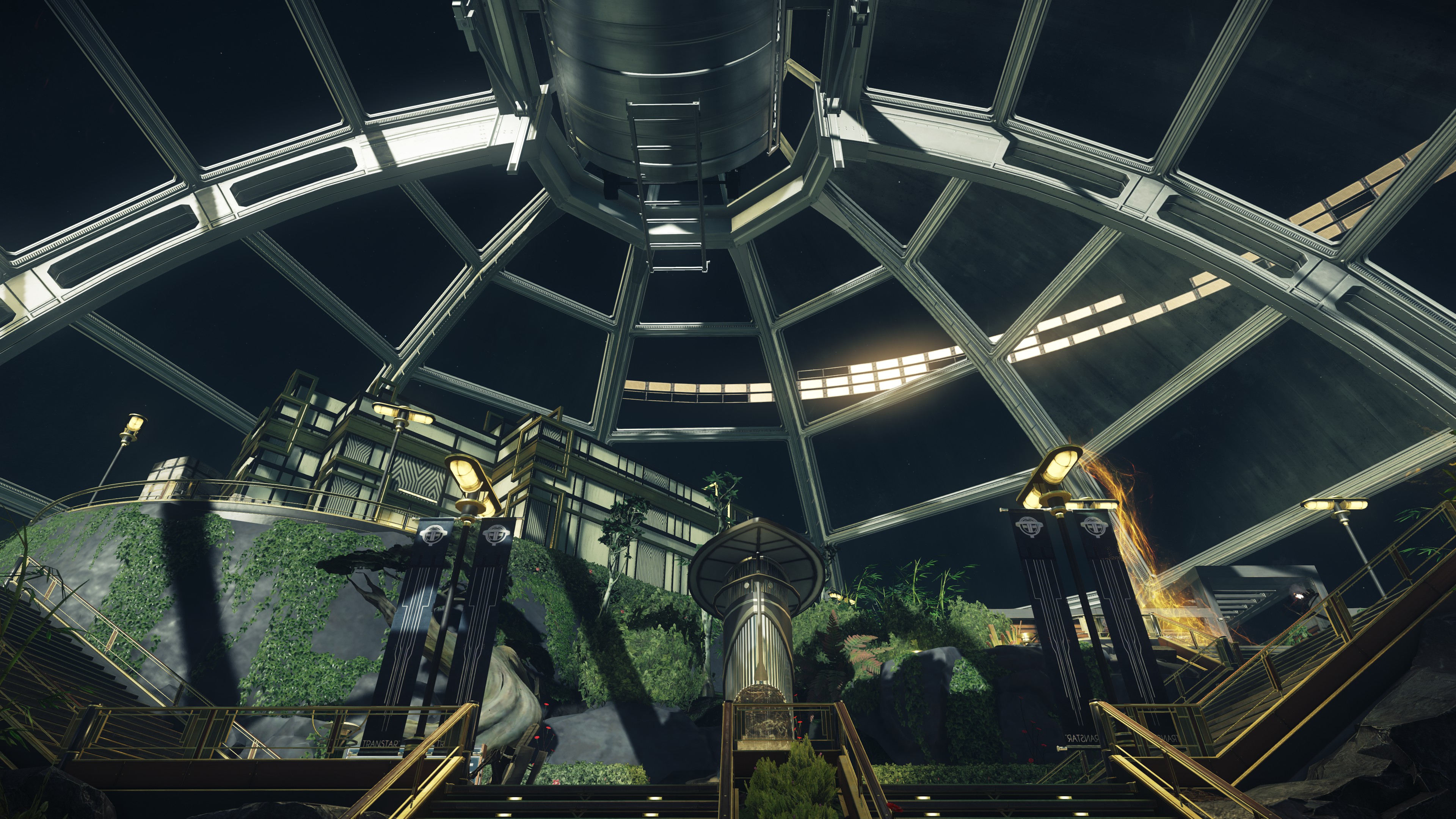 A screenshot from Prey(2017) looking out into space through glass with a garden visible in the lower half.