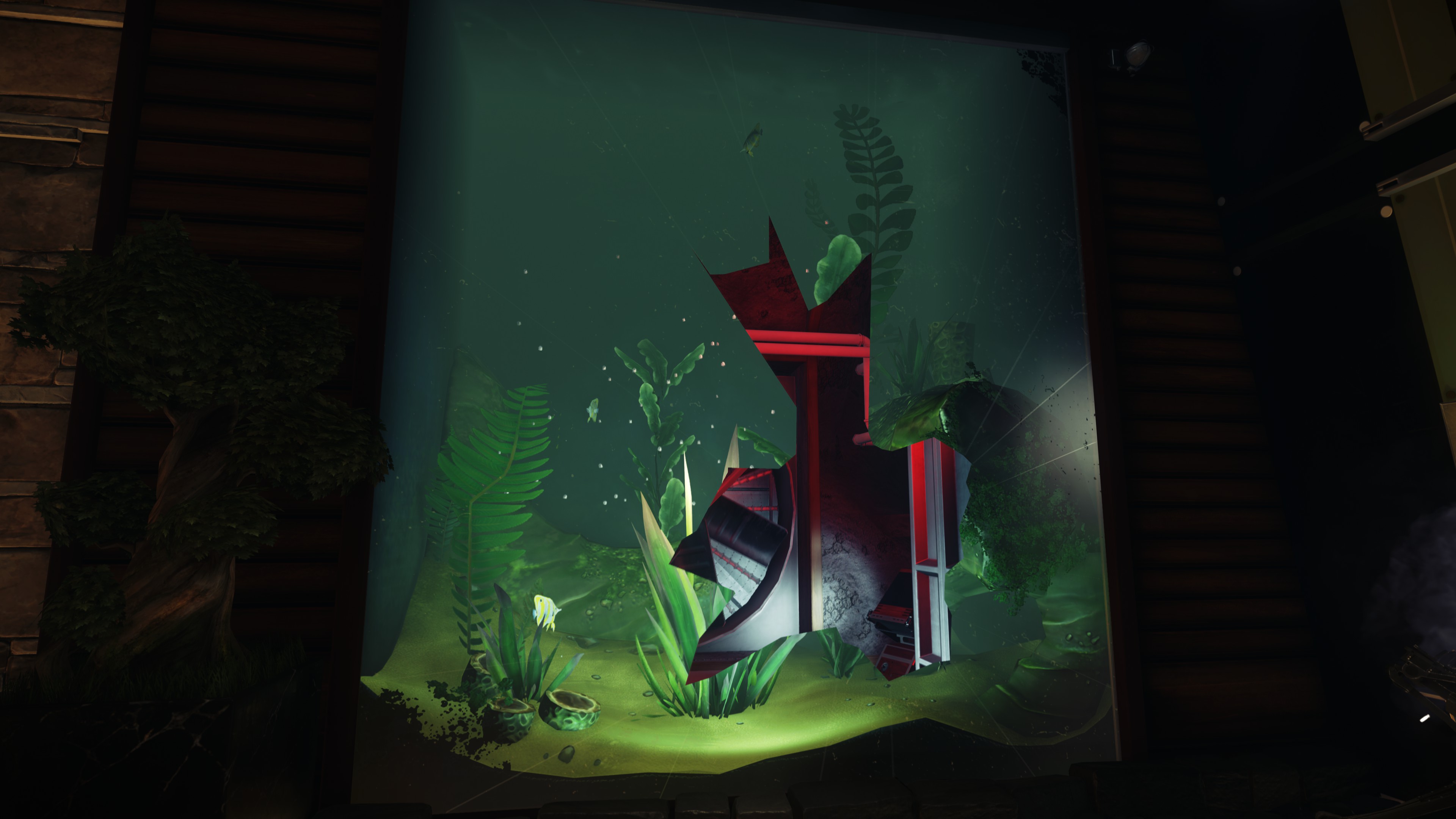 A screenshot from Prey(2017) showing what looks like a fish tank but from the broken glass you can see it's actually a screen.