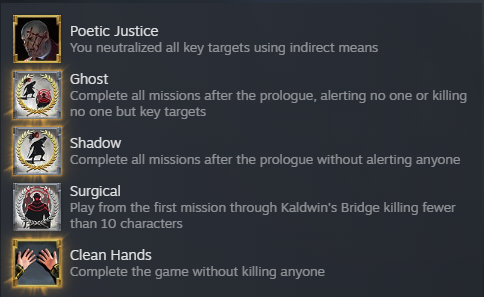 A screenshot showing Steam achievemnts from Dishonored